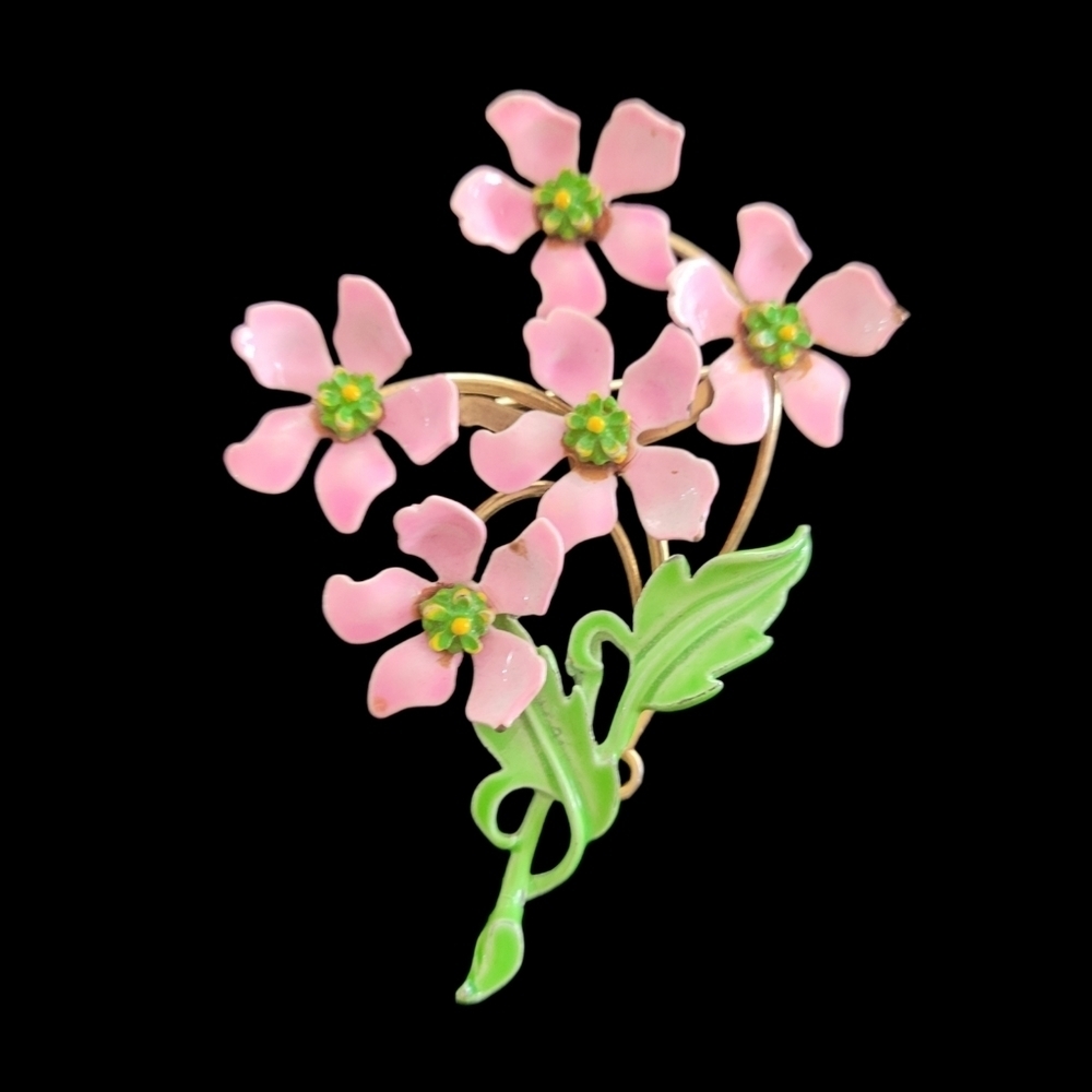 Vintage Pink Enamel Flower Bouquet Brooch Gold Tone Floral Pin Green Leaf 2.75"